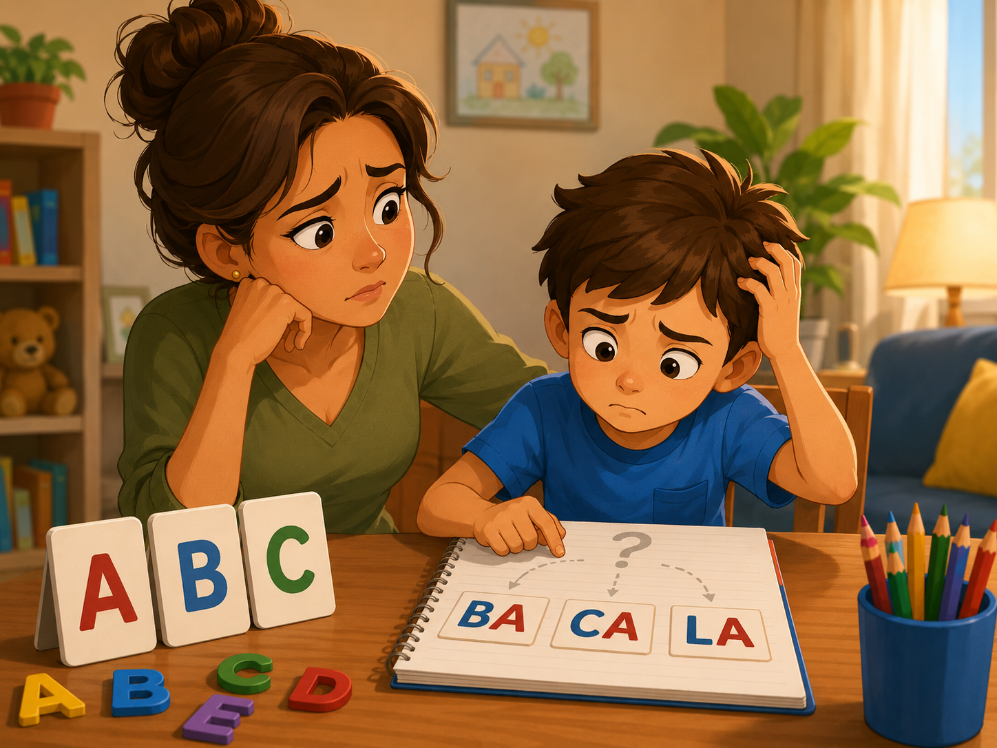 Mãe observando o filho que reconhece letras, mas não consegue juntar sílabas