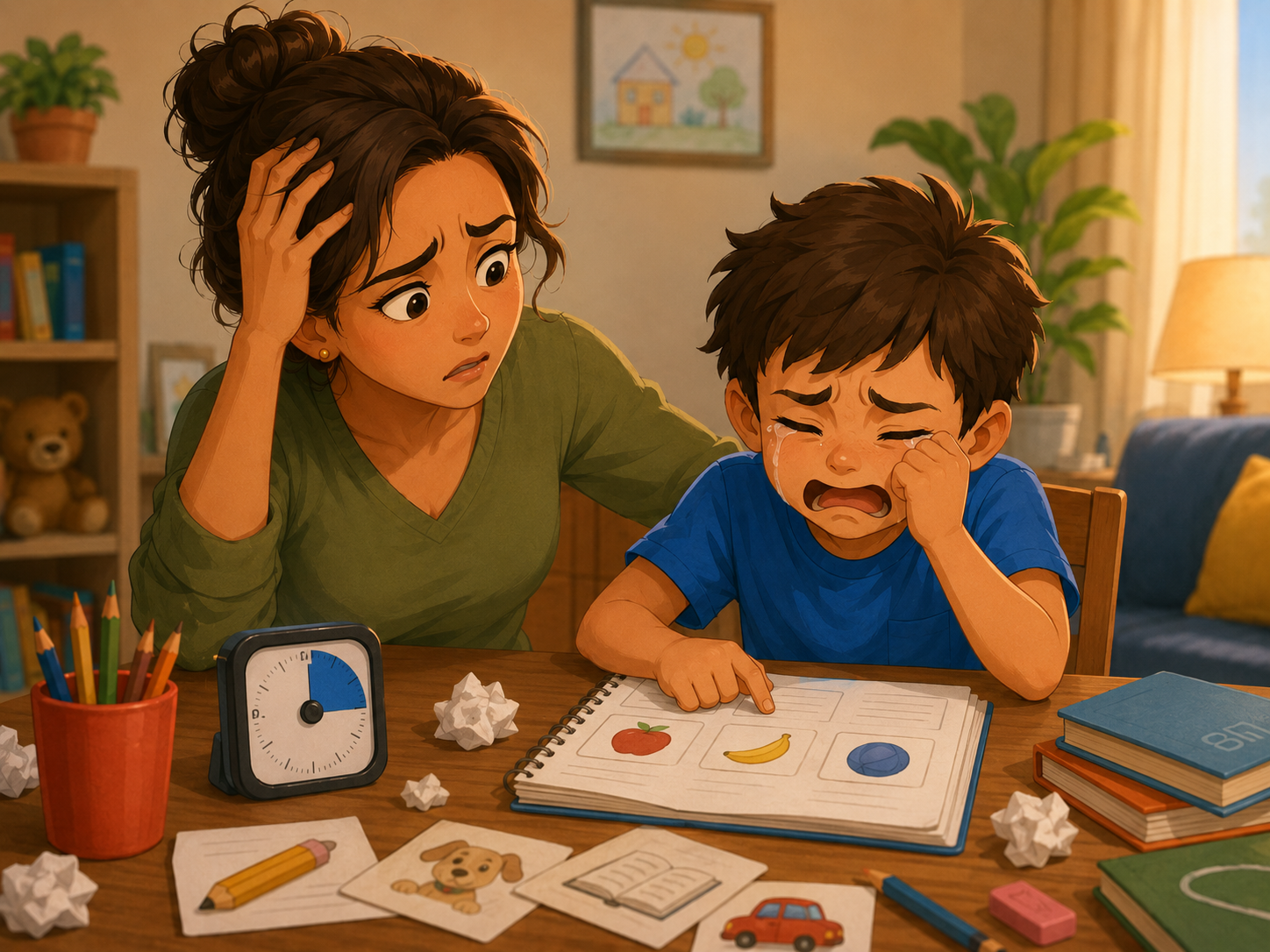 Mãe e filho vivendo um momento de choro e dificuldade durante a tarefa