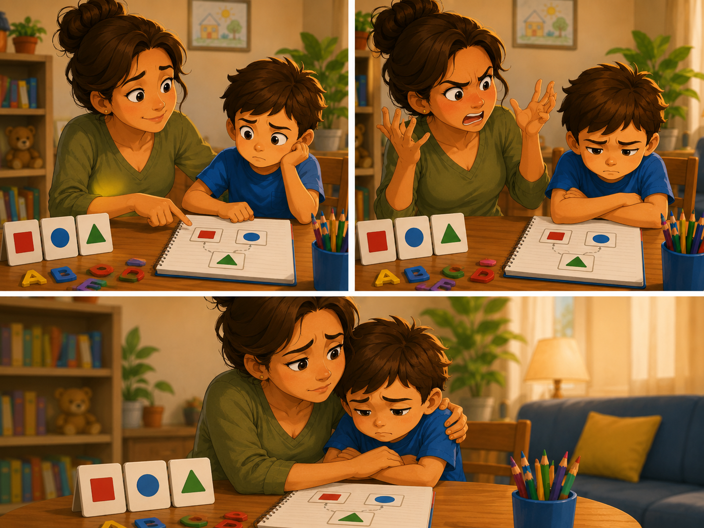 Sequência mostrando a mãe tentando ajudar, se irritando e depois acolhendo o filho