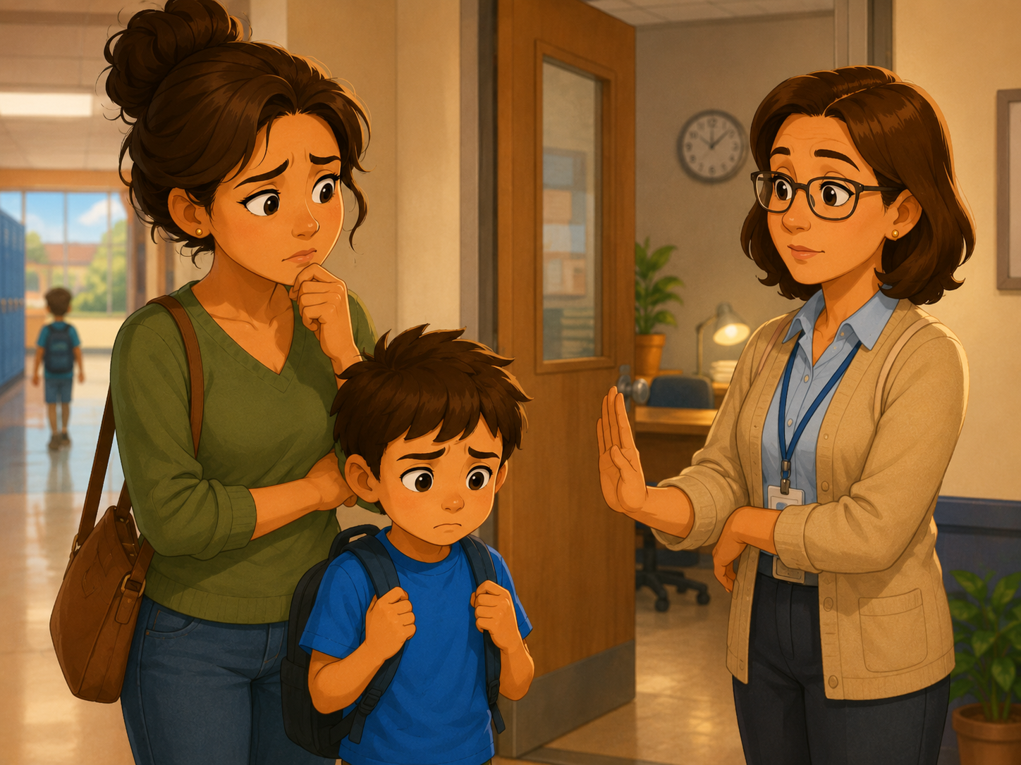 Mãe conversando com a escola enquanto o filho demonstra dificuldade