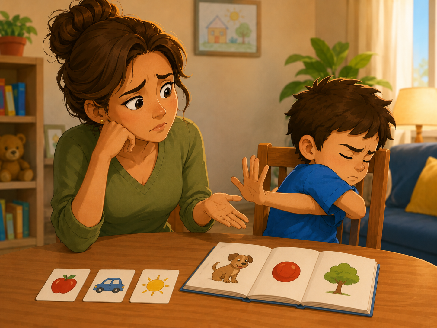 Criança evitando a atividade de leitura enquanto a mãe tenta ajudar
